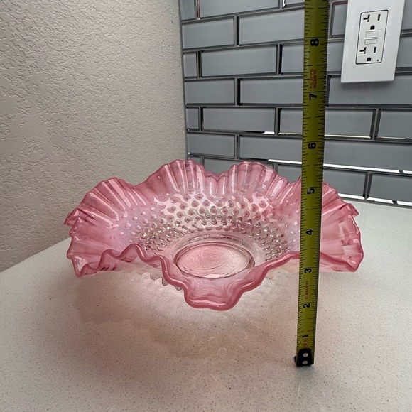 Vintage Bride's Basket Fenton Pink Hobnail Ruffled Bowl with Metal Holder - Picture 14 of 16